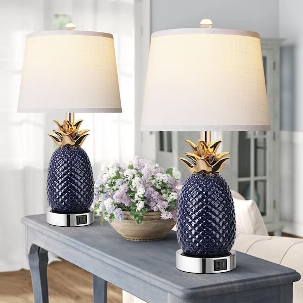 Modern Table Lamp Set: Dimpled Navy Ceramic with Integrated USB Ports