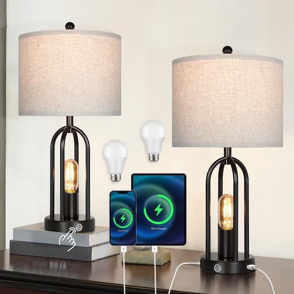 Modern Table Lamp Set Matte Black Nightlight Base USB Pull Chain