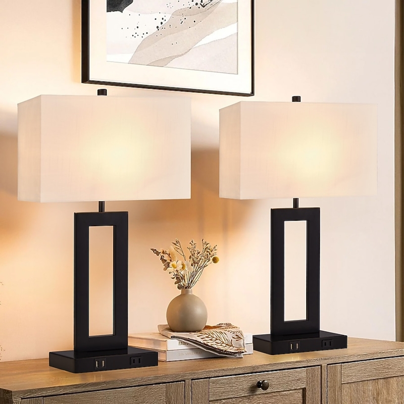 Modern Table Lamp Set with Black Hourglass Pedestal Base