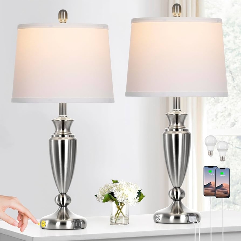 Modern Table Lamp Set with Brushed Nickel Rectangular Base and USB