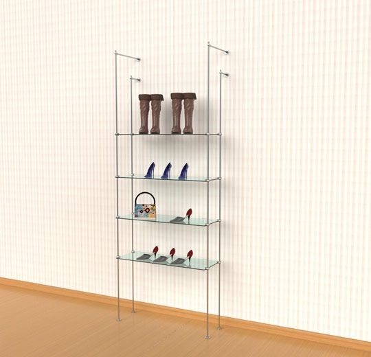Modern Wall Shelving: 4-Tier Glass Shelves on Silver Metal Tubes