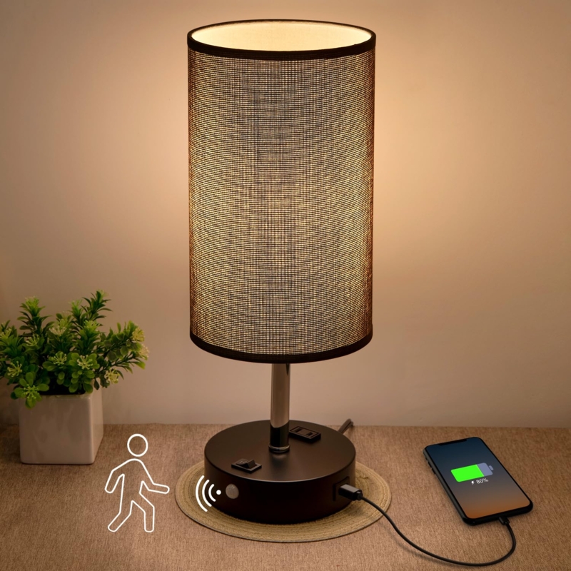 Modern Wood Base Table Lamp with USB Charging and Cylindrical Shade.
