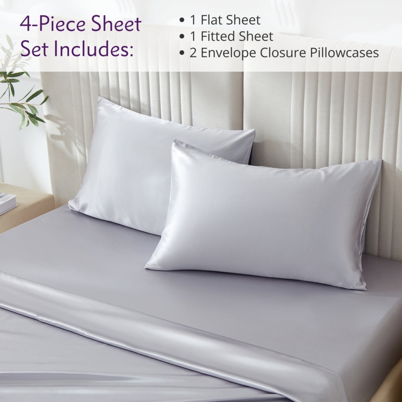 Monochromatic Silver Sheet Set with Glossy Finish and Fluid Drape