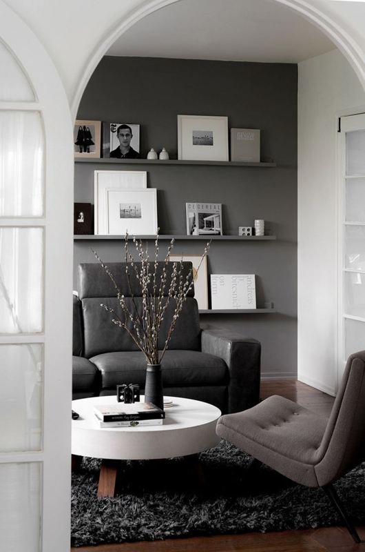 Moody Charcoal Built-In Shelving for Urban Living Room Design