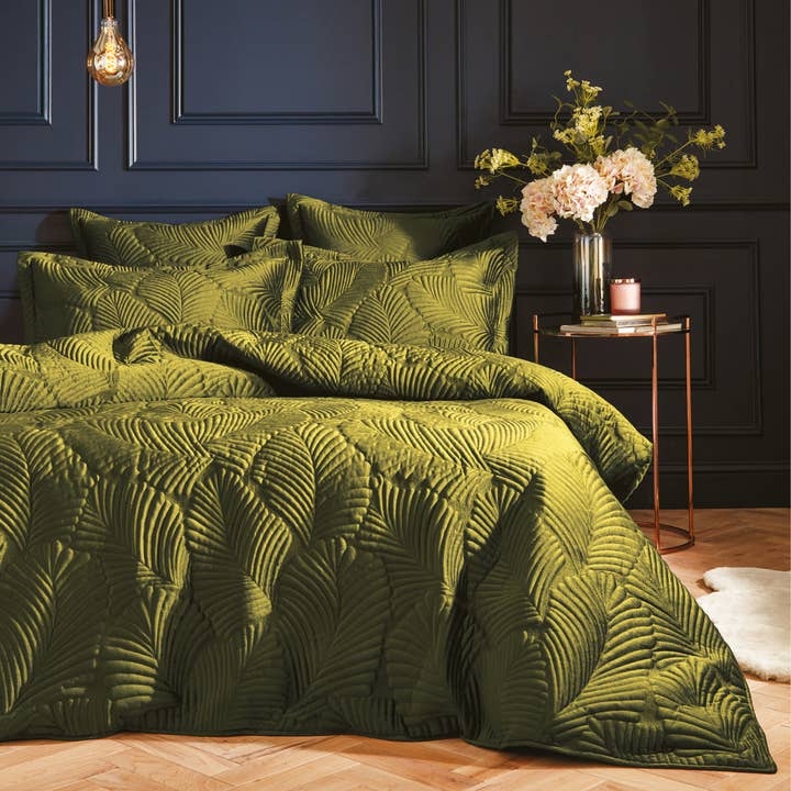 Moss Green Velvet Duvet Cover Set Quilted Palm Leaf Earthy Tone