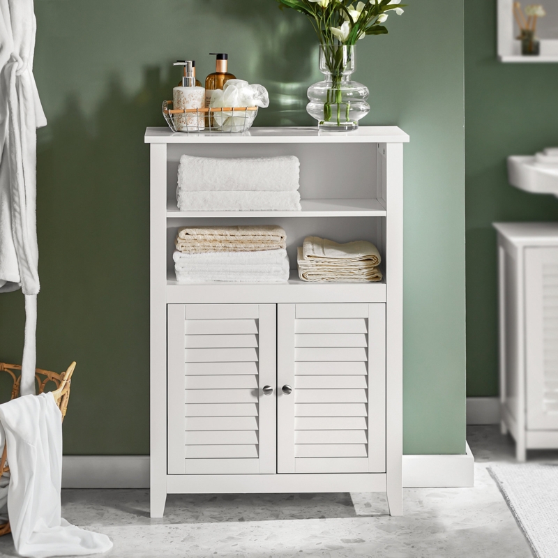 Narrow Bathroom Cabinet with Wood Top and Open Shelf