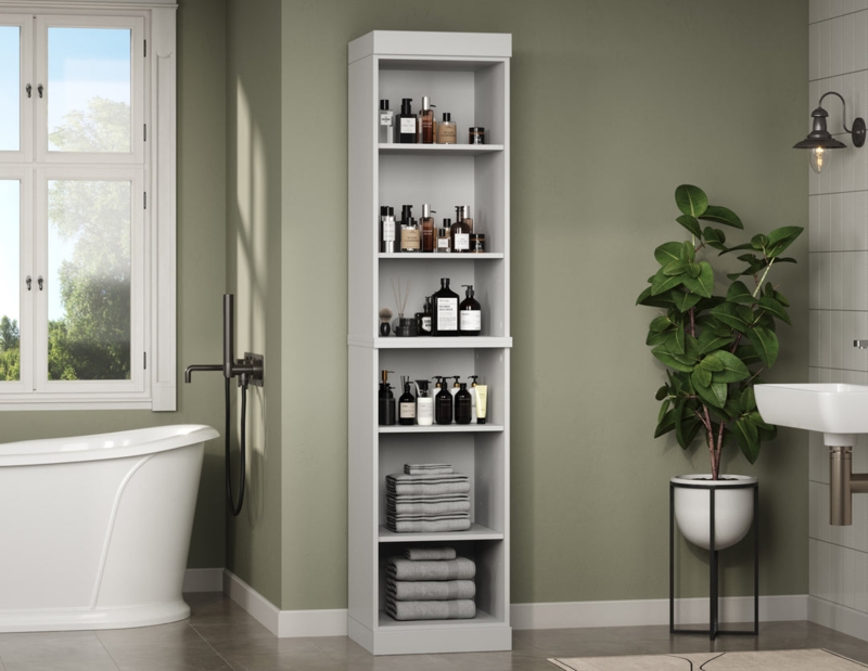 Narrow Bathroom Storage Cabinet in Teal Blue with Open Shelves