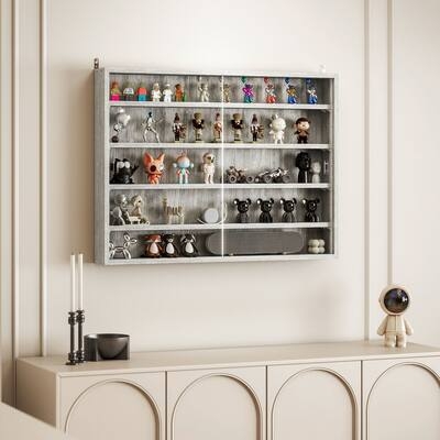 Narrow Gray Curio Cabinet with Mullioned Glass Panes for Display