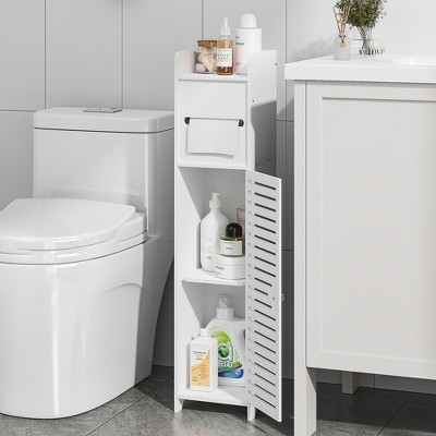 Narrow White Bathroom Corner Cabinet with Integrated Toilet Paper Holder