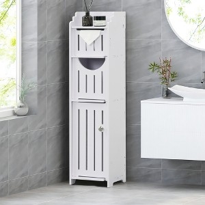 Narrow White Corner Cabinet with Integrated Toilet Paper Holder