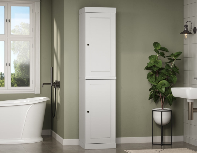 Narrow White Linen Cabinet, Open Shelves, Shaker Doors, Coastal Style
