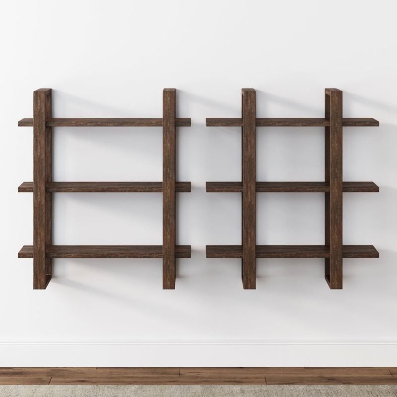 Nathan James Benji 32 in. 3 Tier Floating Wall Bookcase, Decorative Display Modular Shelf in Solid Wood, Wire Brushed Dark Brown