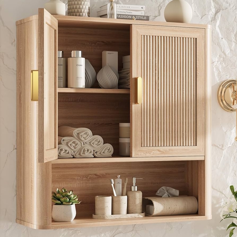 Natural Oak Bathroom Wall Cabinet, Black Hardware, Lower Open Cubby