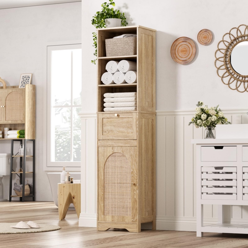 Natural Oak Linen Tower with Rattan Doors and Black Legs