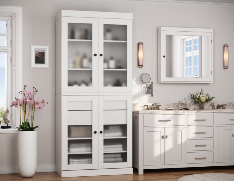 Natural Pine Bathroom Cabinet, Frosted Glass Doors, Rustic Style