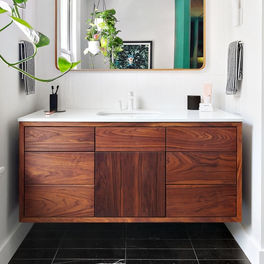 Natural Wood Bathroom Vanity, Seven Drawers, Farmhouse Style