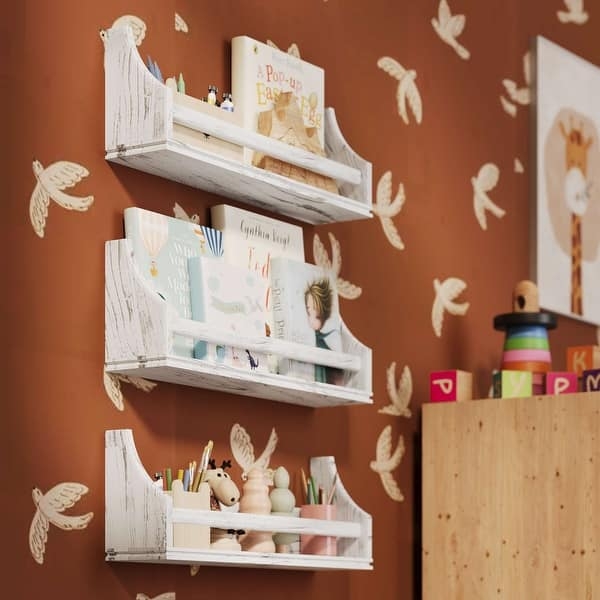 Natural Wood Floating Shelves Set Staggered Airy Design