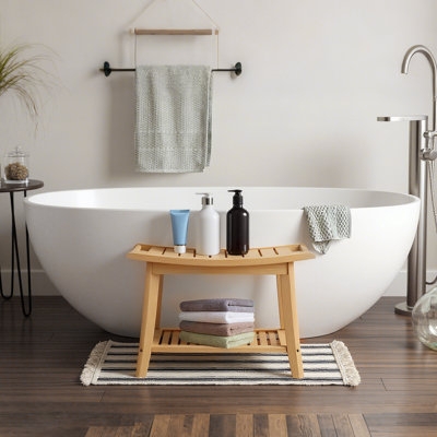 Natural Wood Toned Spa Furniture Shower Bench with Lower Shelf