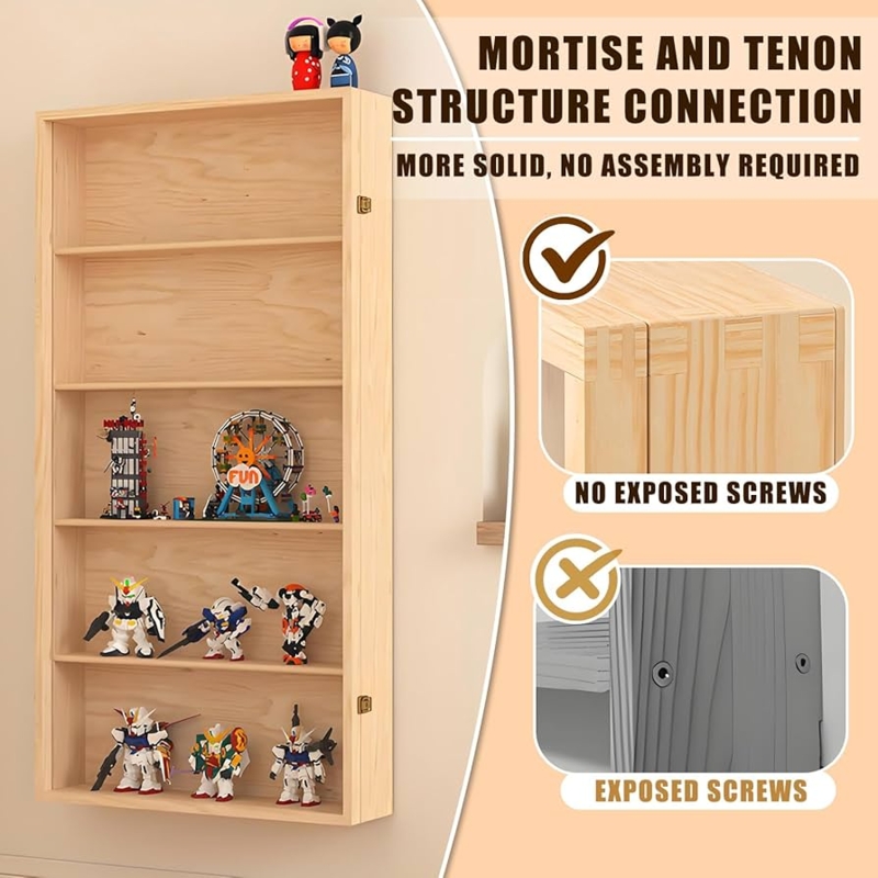 Natural Wood Wall Display Cabinet: 4-Tier Collector's Shelf