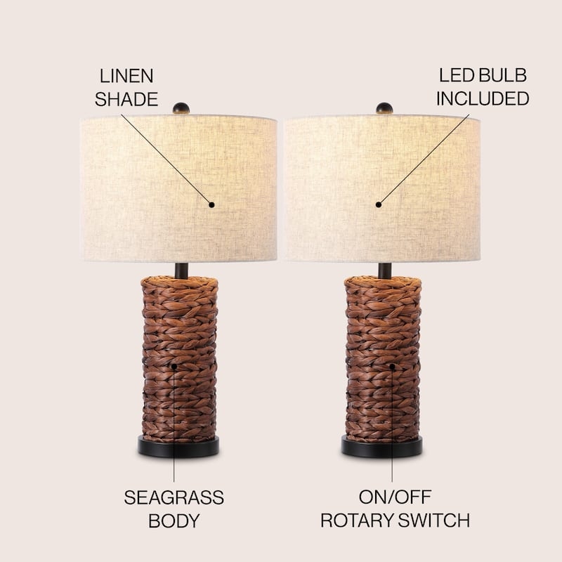 Natural Woven Hyacinth Lighting Coastal Table Lamp Set Fiber Base