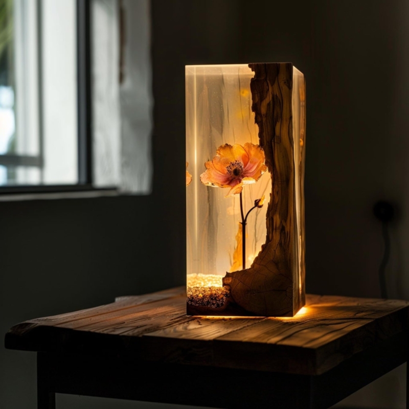 Nature-Inspired Cubic Table Lamp with Resin Encased Flowers.