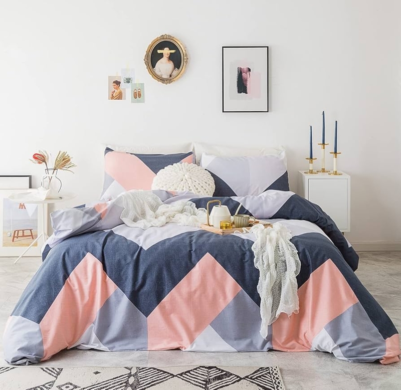 Navy And Peach Bedding Set Geometric Reversible Chevron Duvet Cover