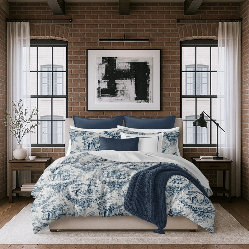 Navy and White Floral Duvet Set Toile Print Traditional Coastal Style