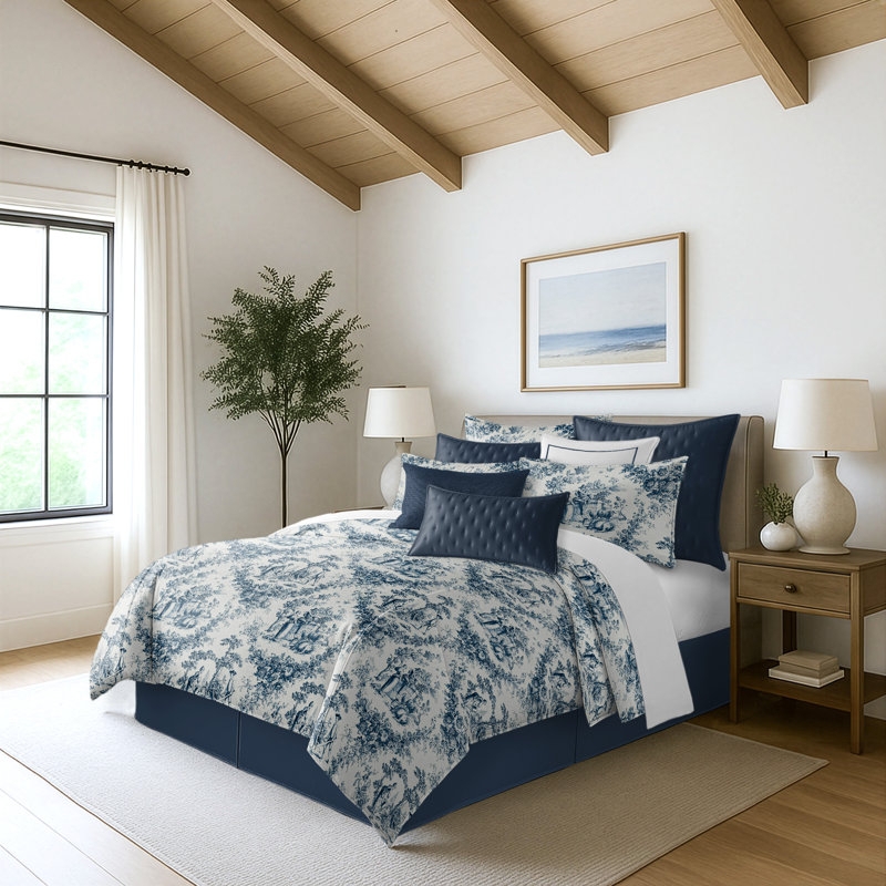 Navy and White Medallion Duvet Set Traditional Coastal Bedroom Decor