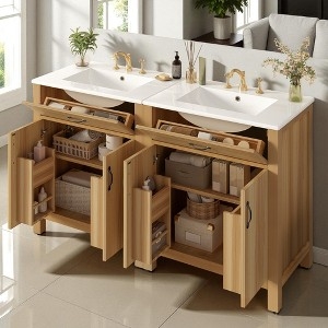 Navy Blue Double Vanity, Gold Hardware, Slatted Lower Shelf