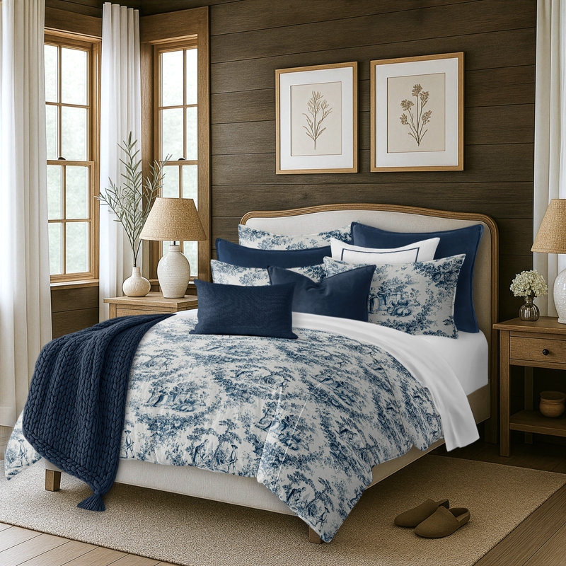 Navy Blue Duvet Cover Set Contrast Border Tailored Nautical Style