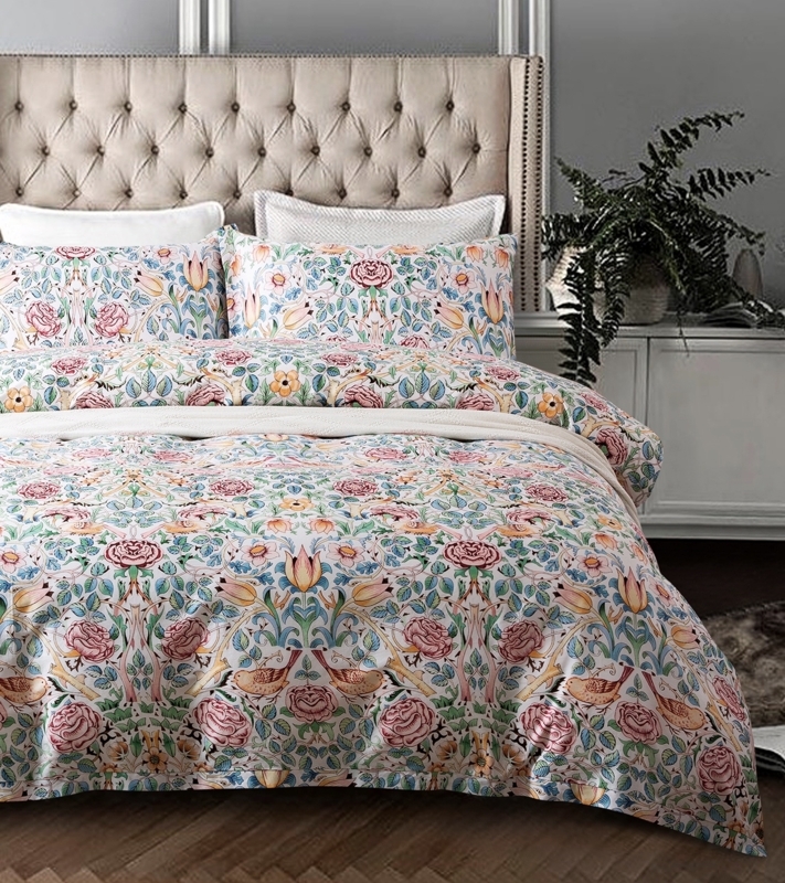 Navy Blue Duvet Cover Set, Folk Art Bird Print, Botanical Pattern