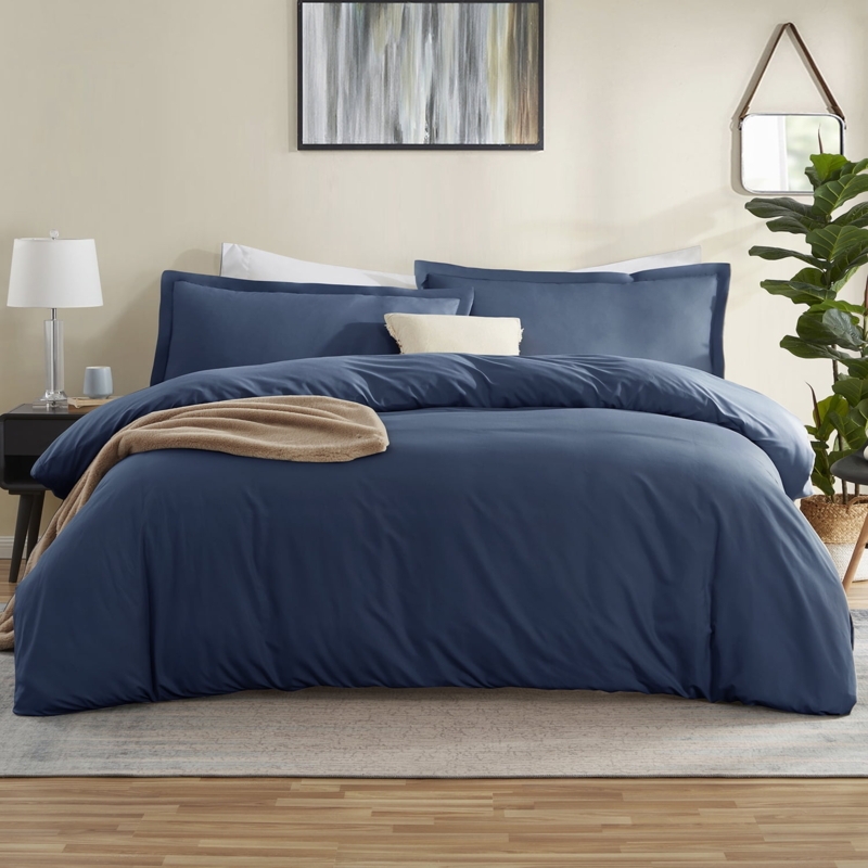 Navy Blue Duvet Cover Set Matte Finish Minimalist Metal Bed Frame Styling