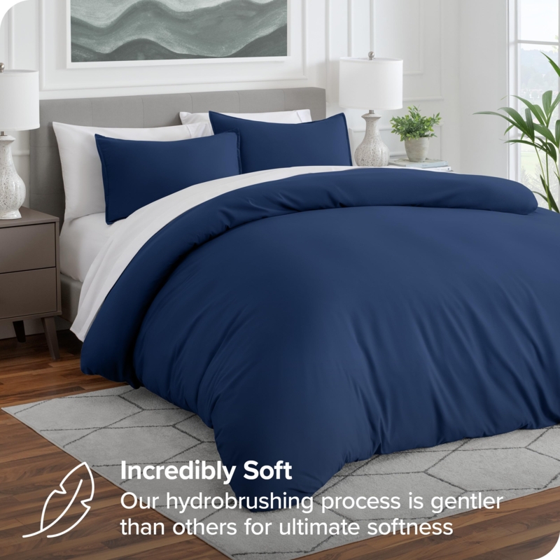 Navy Blue Duvet Cover Set Solid Microfiber Matte Finish Minimalist