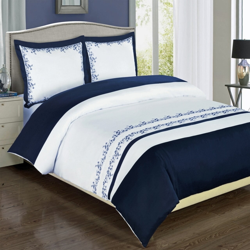 Navy Blue Embroidered Duvet Cover Set White Hotel Style Border