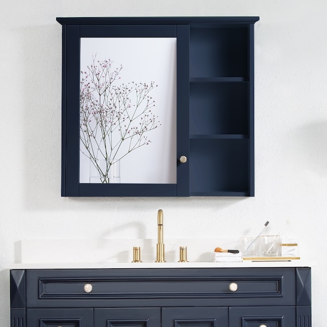 Navy Blue Medicine Cabinet with Matte Finish and Triple Mirrored Doors
