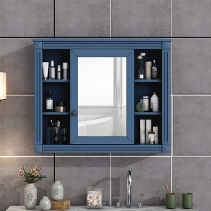 Navy Blue Medicine Cabinet with Side Open Shelving and Gold Hardware