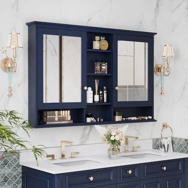 Navy Blue Triple Mirrored Medicine Cabinet, Wall Mounted Storage