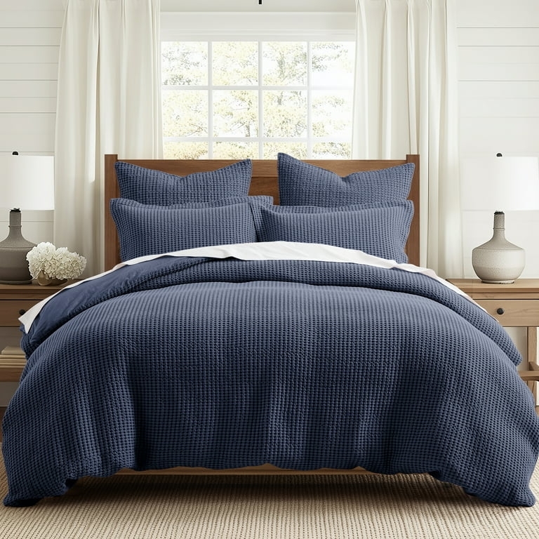 Navy Blue Waffle Weave Duvet Set Modern Transitional Bedding Ideas