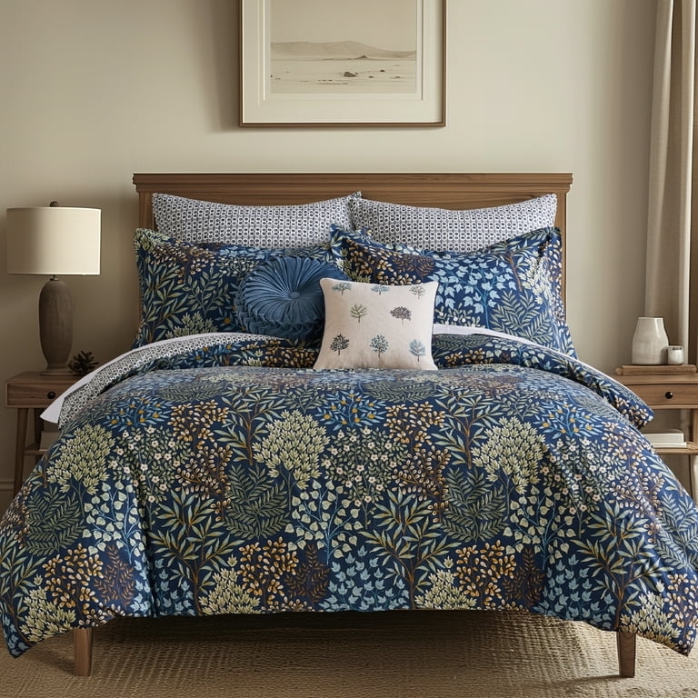 Navy Botanical Leaf Duvet Set Oversized Print Nature Inspired Bedding