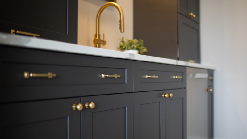 Navy Cabinet Hardware Gold Pulls and Round Knobs