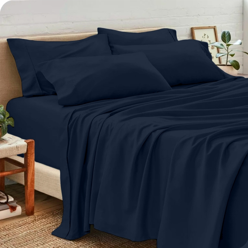 Navy Sateen Sheet Set with Extra Pillowcases, Subtle Sheen.