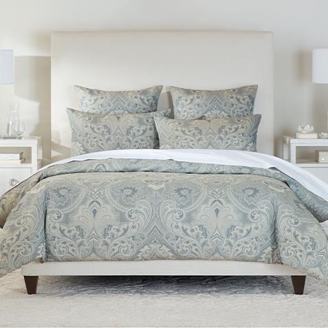 Navy Scroll Jacquard Duvet Cover Set Linen Blend Classic Pattern