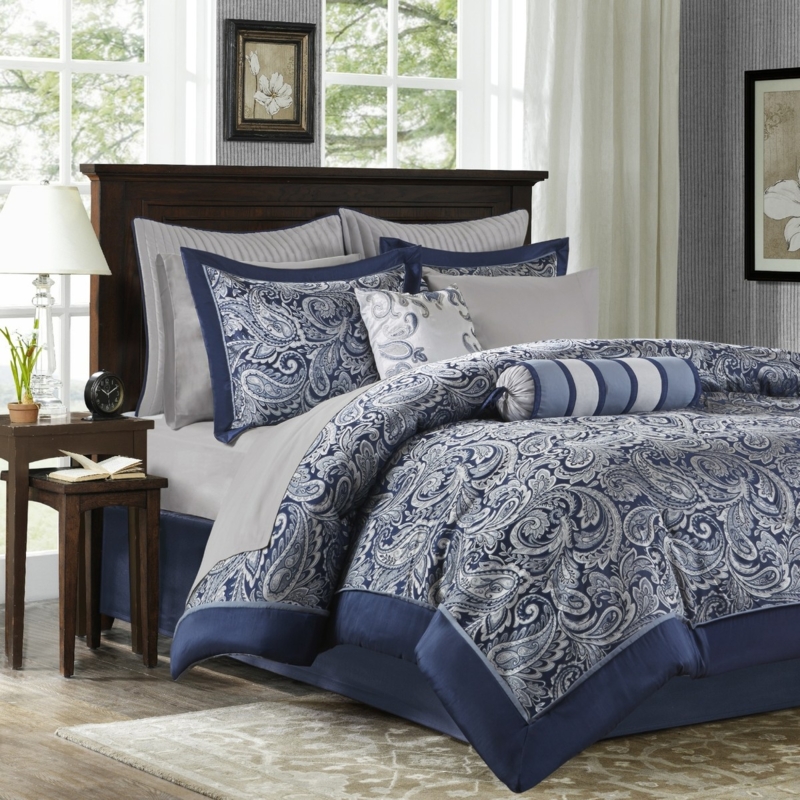 Navy Silver Contrast Bedding Set Large Scale Paisley Transitional