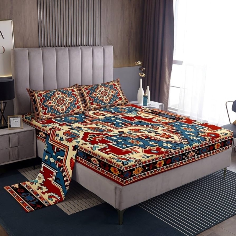 Navy Tribal Bedding Set Retro Mandala Print Beige Accents