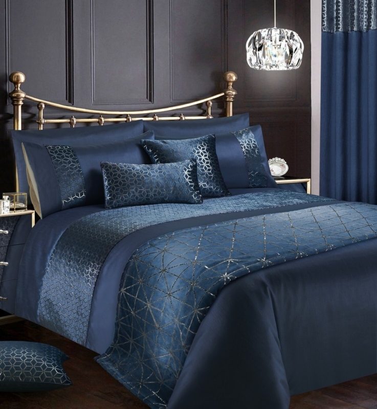 Navy Velvet Duvet Cover Set with Gold Foil Embossing for Glam Bedroom.