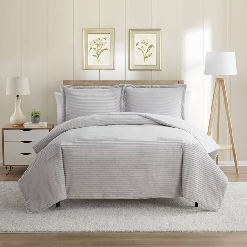 Navy Velvet Flannel Duvet Cover Set, Plush Reversible