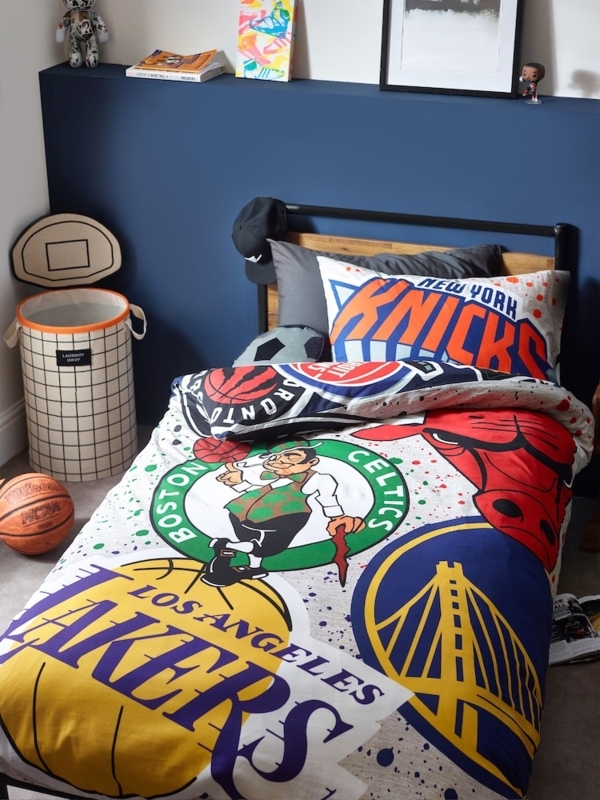 NBA Themed Duvet Cover Set, White Cotton with All-Over Logo Print