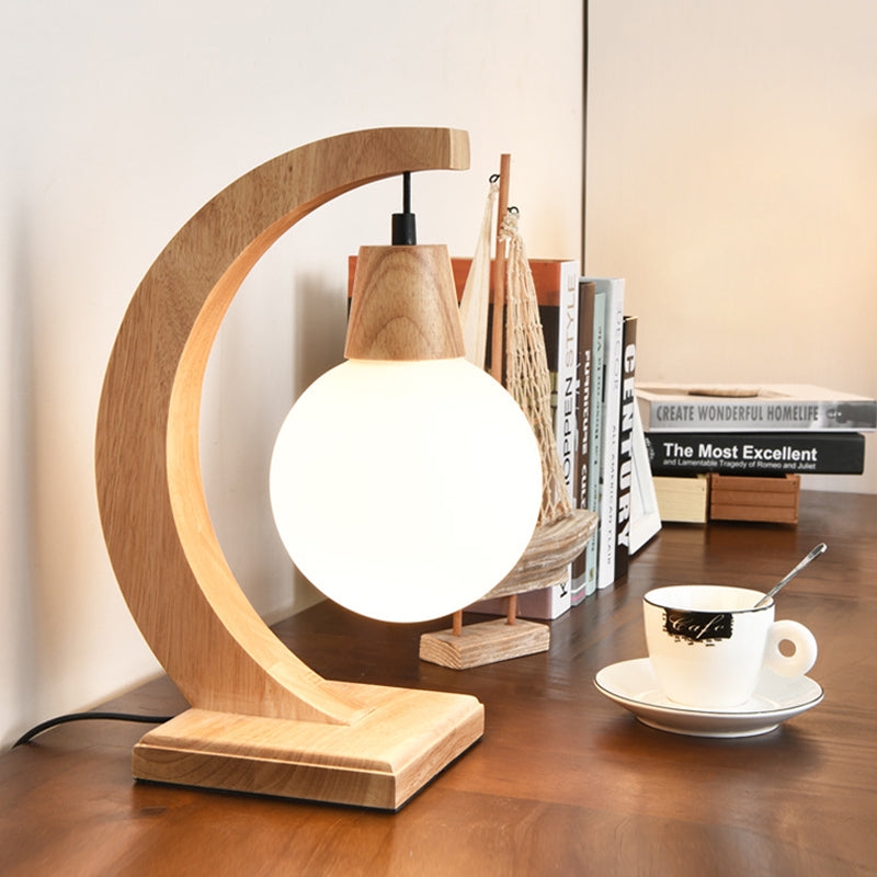 Nordic Arched Table Lamp, Light Wood Frame, Frosted Glass Globe Shade