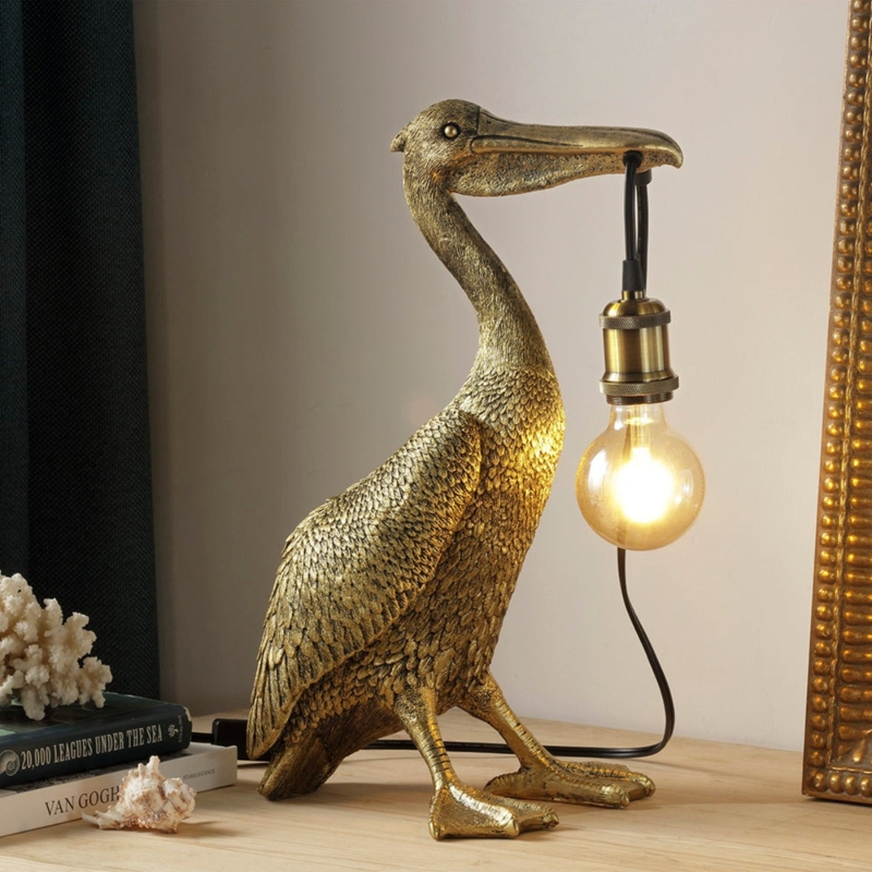 Novelty Table Lamp, Antique Gold Pelican Base, Nautical Lantern Shade.