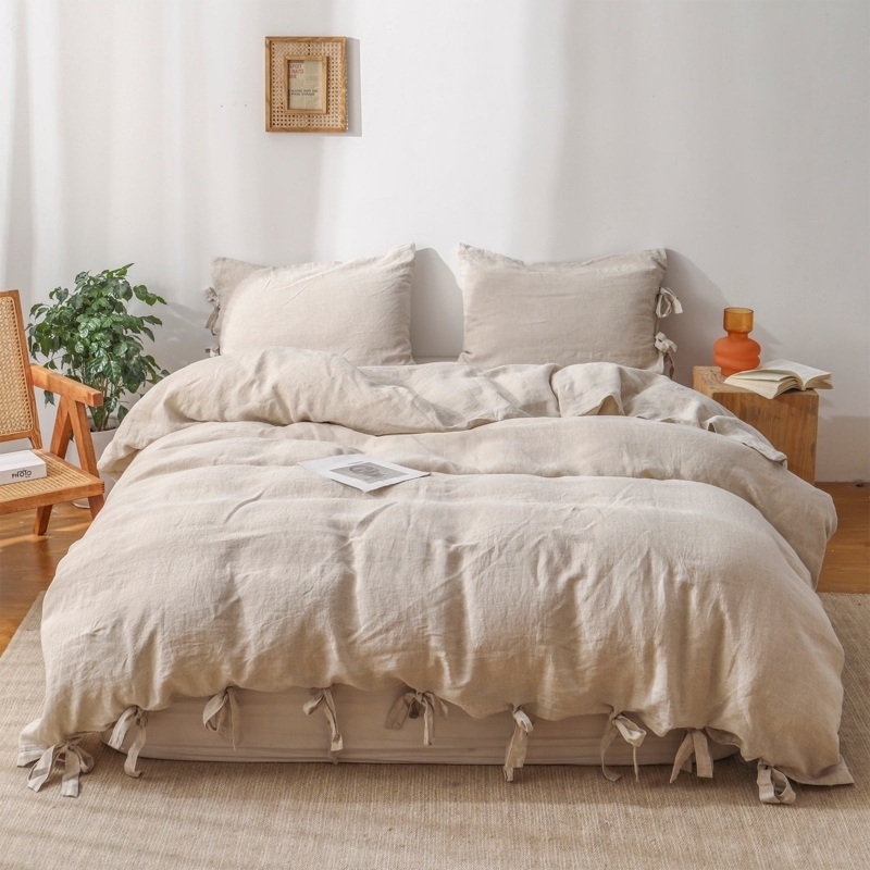 Oatmeal Linen Duvet Cover Set With Bowknot Ties, Organic Farmhouse Style.